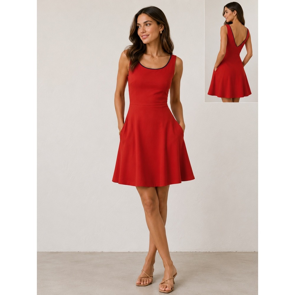 Zara Dress Red Fit n Flare V-Neck Red Purple Ribbon Trim Pockets S